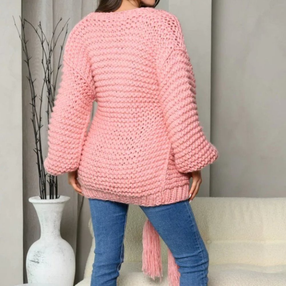 LONG SLEEVE SELF TIE OPEN FRONT KNIT SWEATER CARDIGAN pink - Picture 3 of 6